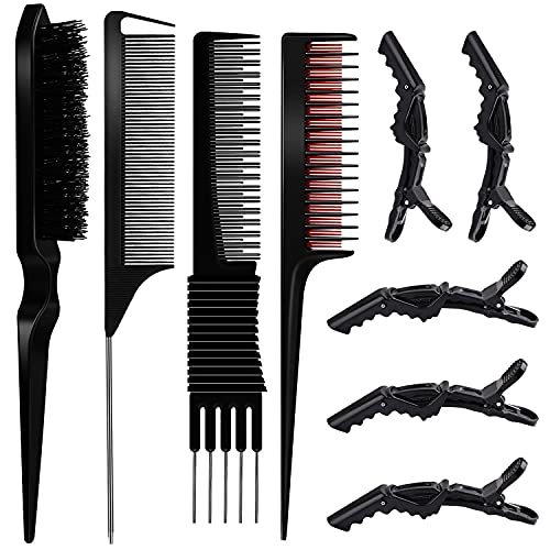 9 Pieces Hair Styling Comb Set,Rattail Comb Pintail Comb Teasing Comb,Teasing Hair Brush Fluffy Hair Brush,Triple Teasing Comb,Black Carbon Lift Teasing Combs with Metal Prong,Alligator Hair Clips