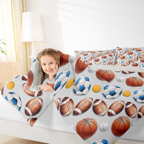 Image of Feelyou Soccer Football Comforter Set Full Size Basketball Baseball Softball Sport Theme Bedding Set for Kids Boys Girls Light Gray Duvet Quilt Bedroom Decor Microfiber 3 Pcs with 2 Pillow Cases