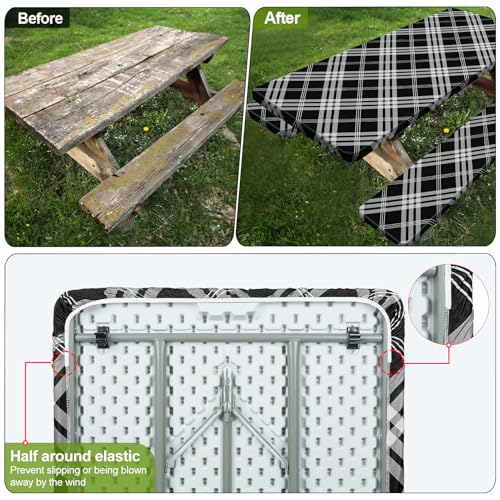 Image of Picnic Table Cover with Bench Covers 6FT 3 Pcs Waterproof Windproof Aesthetic Camping Tablecloth with Drawstring Bag, Fitted for 6 Foot Rectangle Tables and Seats, 72 inch, Black Grey Checkered