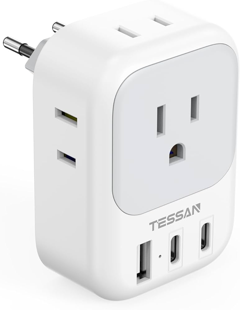 European Travel Plug Adapter, TESSAN Type C Power Adaptor with 4 AC Outlets 3 USB Ports (2 USB C), Europe Outlet Converter for USA to EU Euro International Italy Iceland Spain France Greece Germany