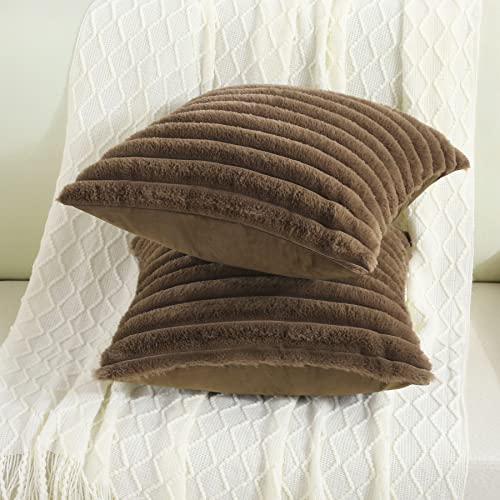 FUTEI Tan Striped Decorative Throw Pillow Covers 26x26 Inch Set of 2,Square Winter Decorations Couch Euro Pillow Shams,Soft Cozy Faux Rabbit Fur & Velvet Back,Modern Home Decor for Bed