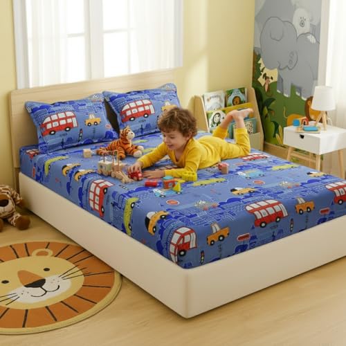 Image of Filymore Kids Double bedsheet Supper car Theme 240 TC Microfiber Soft Cartoon King Size bedcover for Kids Room (90x90 Inches)(Red Blue and White)
