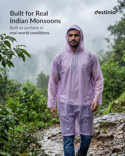 Image of Destinio Poncho for Men, Poncho for Women-Thick Waterproof PVC, Rain Coat, Reusable - Transparent Pocket Raincoat with Hood, Full Cover for Bag in Travel, Trekking, Bike Riders