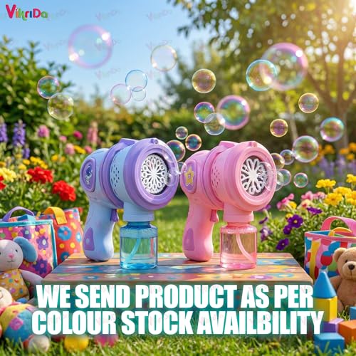 Image of VikriDA Automatic Bubble Blower with LED Lights - 5000+ Bubbles /Min - Includes Charging Cable, 2 Bubble Solution Bottles - Blue