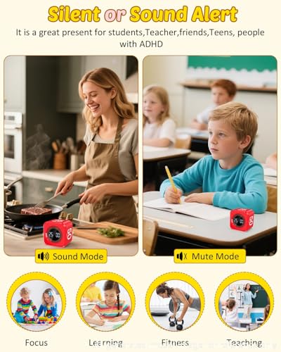 Image of Digital Pomodoro Timer Cube 5 /10 /25 /50min, Visual Productivity Flip Timer for Kids Classroom Desk, Custom Countdown, Silent and Sound Mode for ADHD Study Work Game Kitchen (Red)