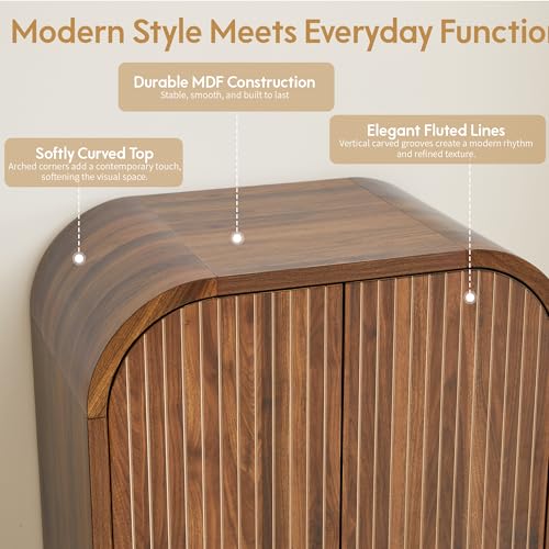 LEVNARY Arched Armoire Wardrobe Closet, Mid-Century Modern 2-Door Freestanding Wardrobe with Hanging Rod and 2 Drawers, Fluted Carved Clothing Storage Cabinet for Bedroom (Walnut) - Image 4