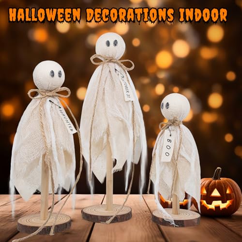 Wooden Ghost Halloween Decorations Indoor– Set of 3 $3.99 Sizes Rustic Shelf Sitters with Fabric Ghost Figures - image 2