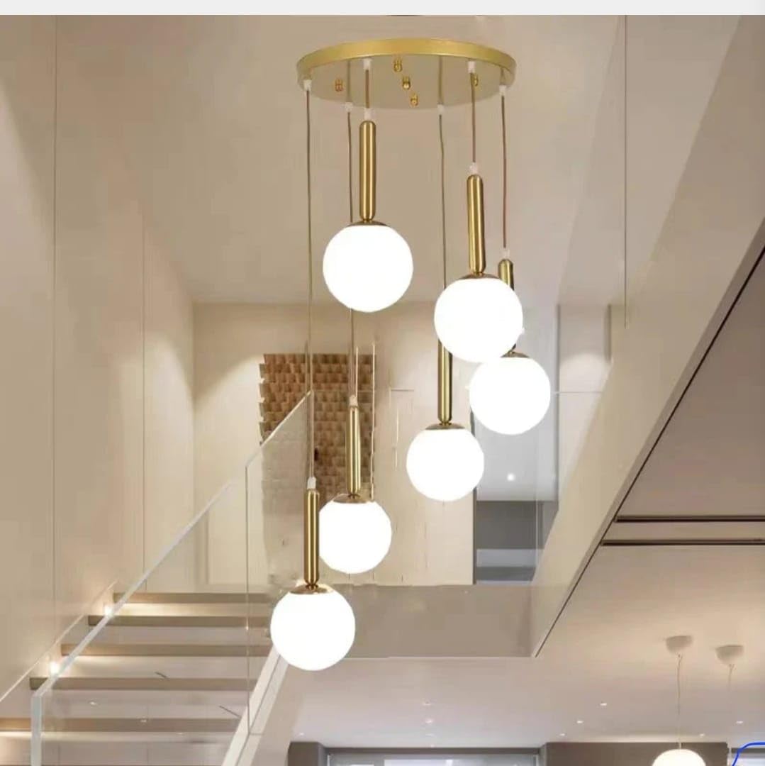 Lyse Decor Spiral Shape Long Chandelier for Staircase, Double Height Jhoomar Hanging Light for Banquet Hall Ceiling, Lamps for Living Room, Restaurants (6 Lights Round Cluster, 7.5 Feet Height)-image-1