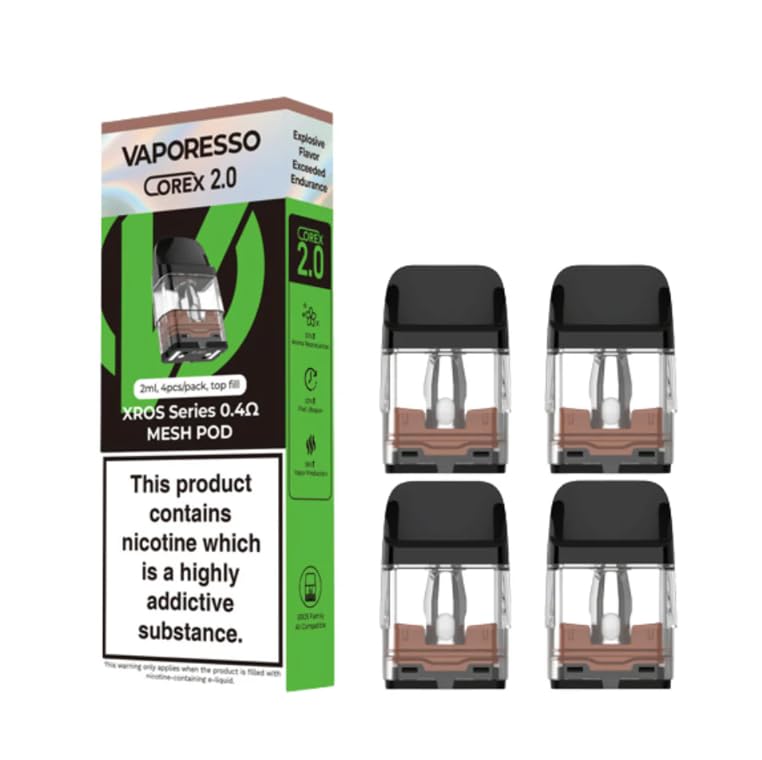 Xros Series Pods Corex 2.0 Pods compatible with XROS 4, 4 Mini, Xros 3 Nano 3 Mini 3 and 2 kits MTL 2ML - No Nicotine Compatible with Vaporesso - Vape Starter Kit - No Nicotine (0.4ohm - Pack of 4)