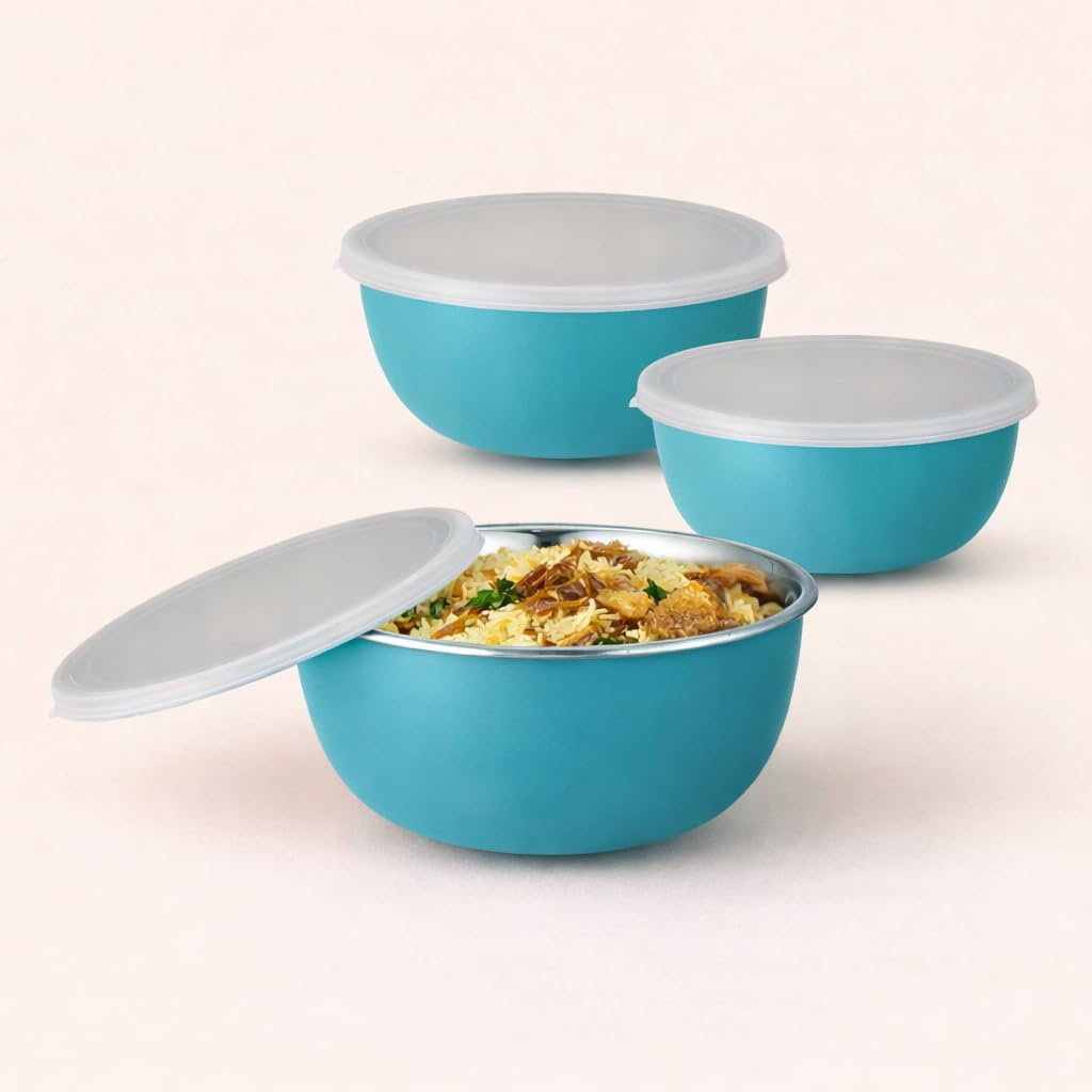 Zaib Microwave Safe Stainless Steel Food Storage Container with Lid | Euro Mixing Bowl Set for Kitchen | 500ml, 750ml, 1250ml | Pack of 3 | Reheatable, Leak-Proof, BPA-Free (3 Plain Turquoise)