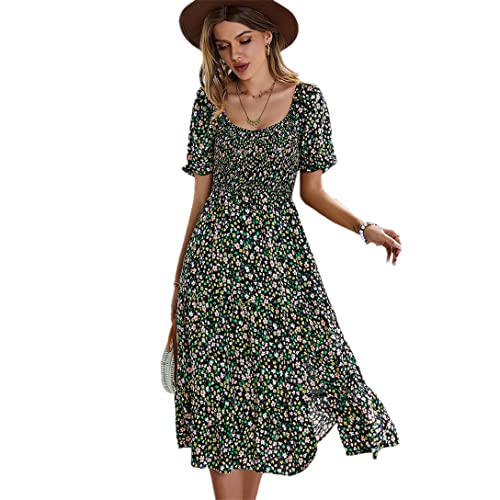 Robe d'été femme manches courtes taille haute imprimé floral décontractée noir XL