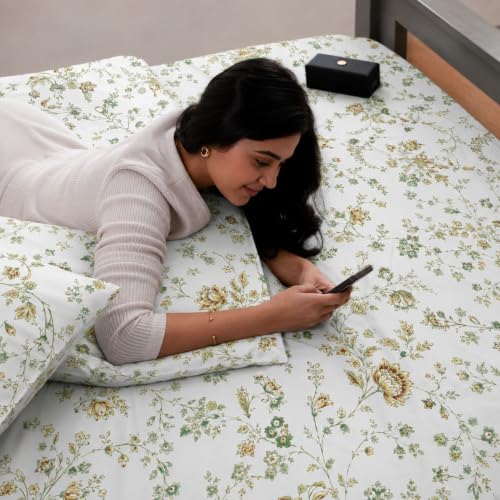 Image of Jaipur Weaves Cotton Linen Feel King Size Bedsheet 108x108 Super King, 100% Pure Cotton Bed Sheet with 2 Pillow Covers, 300 TC Soft Breathable Floral Design Bedding -(Vintage Yellow, Super King)