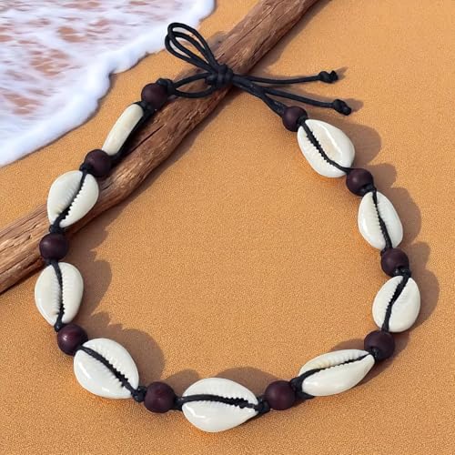 BlueRica Cowrie Shells on Black Cord Choker Necklace with Dark Brown Wood Beads4