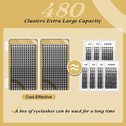 Cluster Lashes 480 Pcs QUEWEL Individual Eyelashes MIX10-18 D Curl DIY Lash Extensions Thin Band Lash Clusters Eyelashes Individual Volume False Eyelashes Soft & Light For Home Use(honey01 D MIX10-18) - Image 2