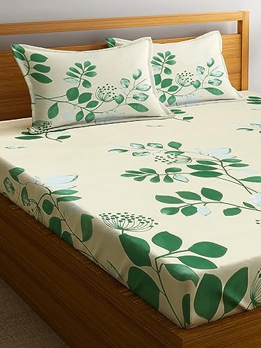 Image of Home Sizzler 144TC Nature Embrace Lush Green Elastic Fitted Double Bedsheet with 2 King Size Pillow Covers, Fit for Mattress: 72 inchX75 inch & 72 inchX78 inch