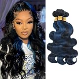 ALHER Black Mix Blue Highlight 3 Bundles Human Hair Body Wave 18 20 22 Inch, 10A Soft Thick Bundles Wavy Human Hair, 100% Remy Hair Midnight Blue Highlight Dark Root Two Tone Subtle Color Double Weft