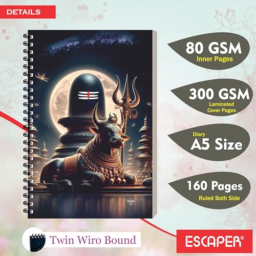 Image of ESCAPER Shiv Ji Diary Student Notebooks, A5 Size, 160 Ruled Notebook Designer Office Diary For Executive, Gift, Note Taking, Notepad For Writing (1, Shiv Ji Design 1)