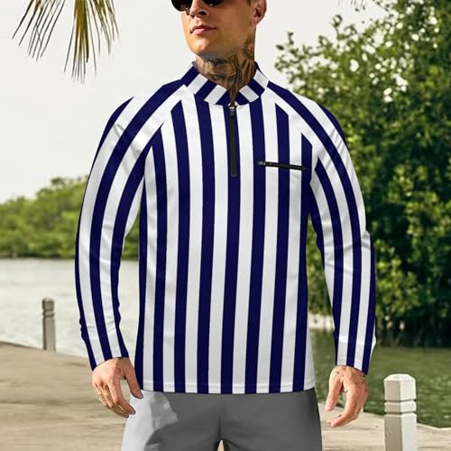 Dark Blue and White Stripes Men's Sun Protection Shirts UV SPF UPF 50+ Long Sleeve Rash Guard Lightweight2