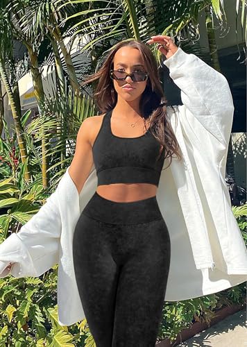 OLCHEE Womens Workout Sets 2 Piece - Acid Wash Seamless Yoga Outfits High Waist Leggings Padded Racerback Sports Bra Gym Set2