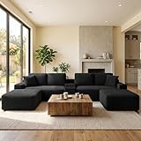 125' Oversized Sectional Couches for Living Room, Modern Boneless Cloud Couch with Ottoman,USB Port&Cup Holders, Comfy Corduroy Modular Sectional U Shape Sofa Couch for Apartment,Black Couch in a Box