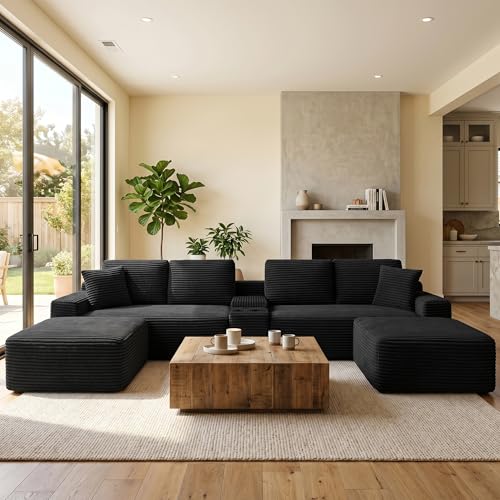 125" Oversized Sectional Couches for Living Room, Modern Boneless Cloud Couch with Ottoman,USB Port&Cup Holders, Comfy Corduroy Modular Sectional U Shape Sofa Couch for Apartment,Black Couch in a Box