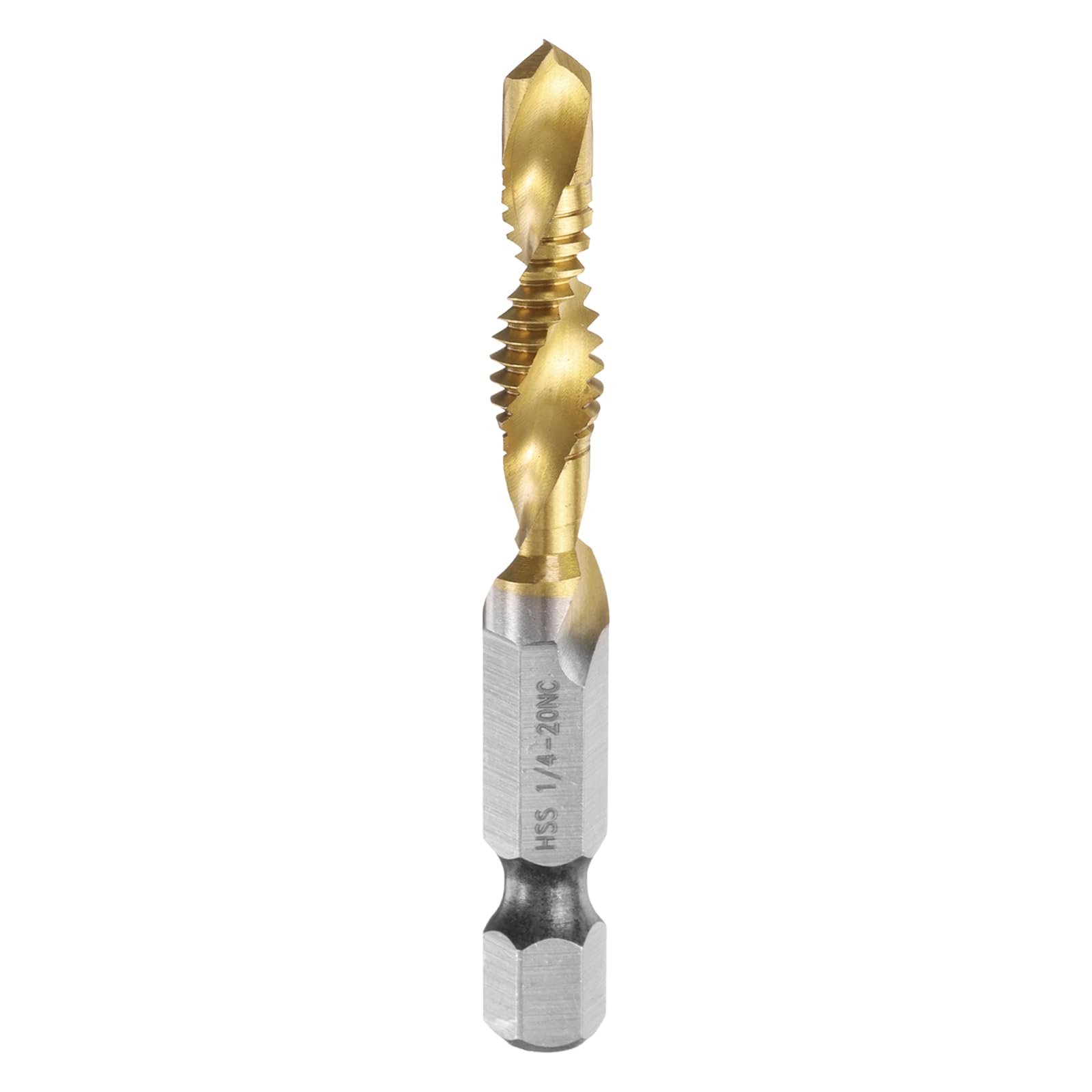 Punta combinata per trapano e maschiatore, filettatura SAE 1/4-20NC, gambo esagonale da 1/4", maschi per filettatura rivestiti in titanio, utensile per maschiatura a spirale, acciaio rapido (HSS) 4