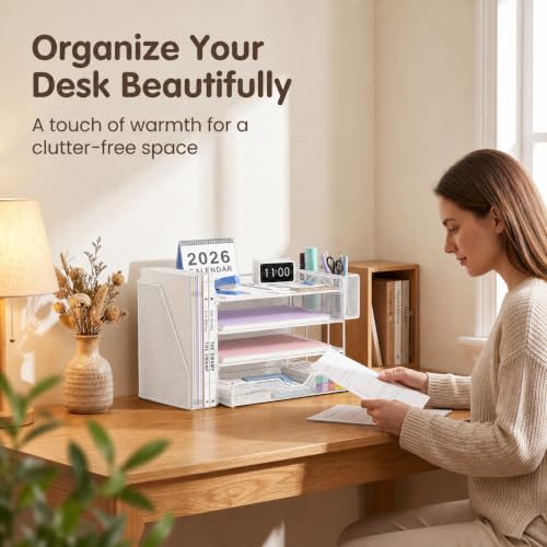 Image of OPNICE Desk Organizers and Accessories, 4-Tier Desktop File Organizer with Drawer and Pen Holders, Office Desk Accessories Workspace Organizers for Office Supplies (Soft White)