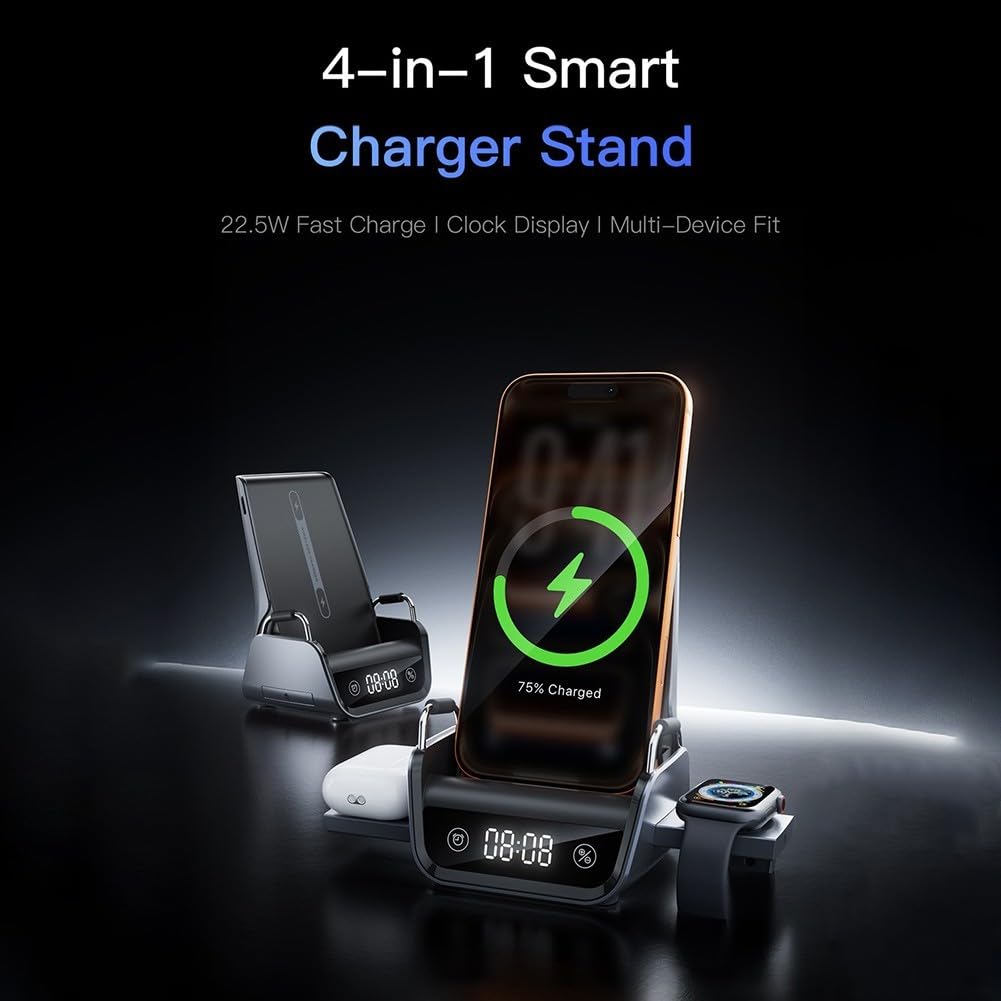 Caricatore wireless 4 in 1 con orologio, ricarica rapida da 22,5 W