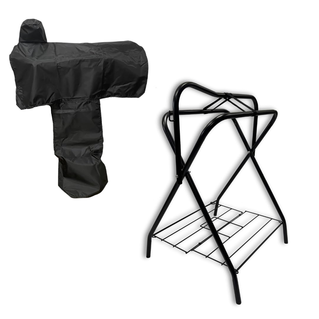 AJ Tack Freestanding Portable Horse Saddle Rack with Black Western Saddle Cover