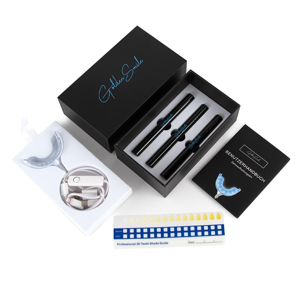 The Golden Smile Whitening Hochwertiges Teeth whitening kit - All in One Bundle für Zahnaufhellung & weiße Zähne Zahn Bleaching Set Zahnaufhellung Entfernung von Flecken Kaffee, Rauchen, Gel