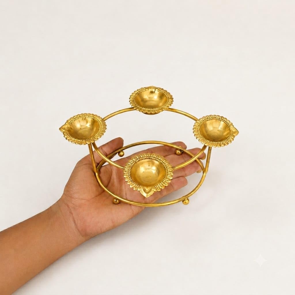 Traditional 4-Cup Metal Diya Stand for Puja, Festive Diwali Decor and Gifting (Gold, 8.5 x 6 x 3 Inches)-image-42
