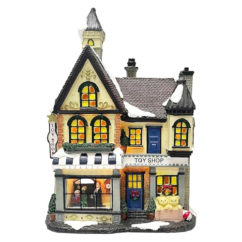 MOMENTS IN TIME Light Up Toy Shop Christmas Village Building 10.8” LED Resin House Battery Operated Holiday Decoration Gift Wrapped Ready Christmas Collectible Holiday Village House Decoration