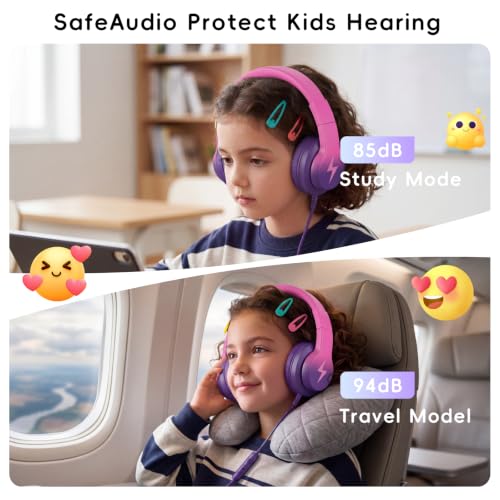 Image of Candy Bila Kids Headphones, Wired Headphones for Kids Over Ear with Microphone, 85 /94dB Volume Headphone for Girls Boys, Foldable Headphone for Learning & Entertainment, Deep Purple and Pink