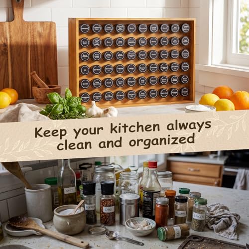 Image of Mifoci 60 Jars Bamboo Spice Rack Organizer, Wall Mounted or Countertop | 6 Tier Seasoning Organizer, Standing Spice Rack with 432 Label, Kitchen Organizer for Counter Cabinet, with Marker and Funnel