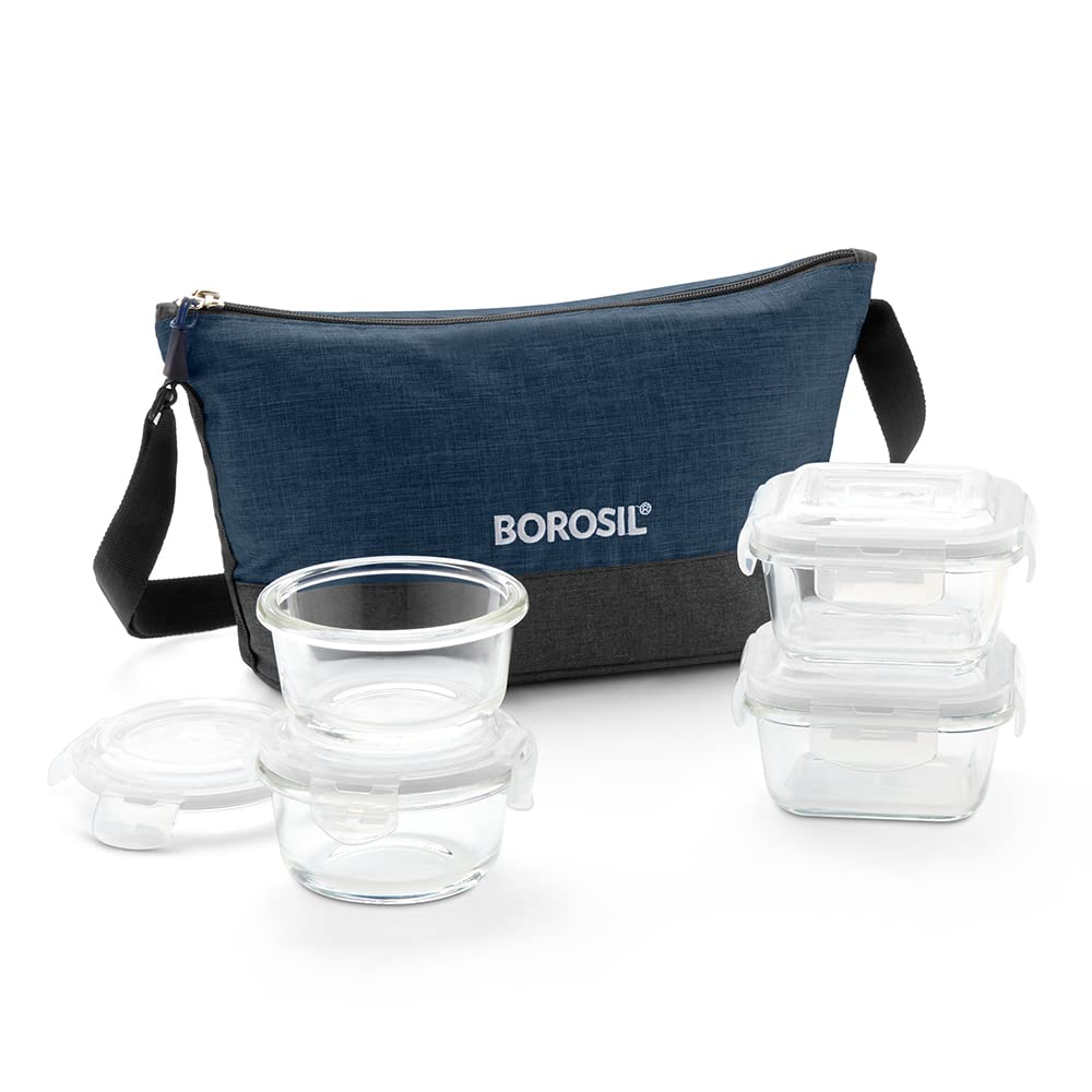Borosil Elite Daisy Lunchbox with Bag | 4pc (320ml x 2 Square + 240ml x 2 Round) Container Set | Made in India Borosilicate Glass | Microwave & Dishwasher Safe Tiffin for Office, School - Image 9 thumbnail