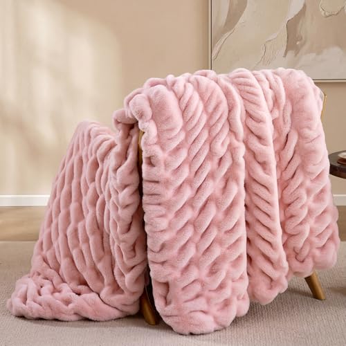 Smoofy Blush Pink Throw Blanket for Couch Luxury Faux Rabbit Fur Blanket Ultra Soft Fluffy Plush Fuzzy Lightweight Warm Cozy Blanket for Bed Sofa Aesthetic Room Decor Gift for Women 50x60