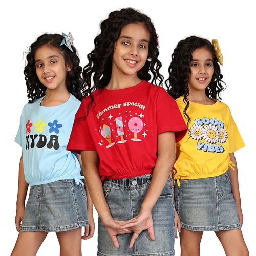 Image of KYDA KIDS 100% Cotton Crop top for Girls - Printed Short Sleeve Stylish Tshirt, Regular Fit Tops for Girl - Pack of 3