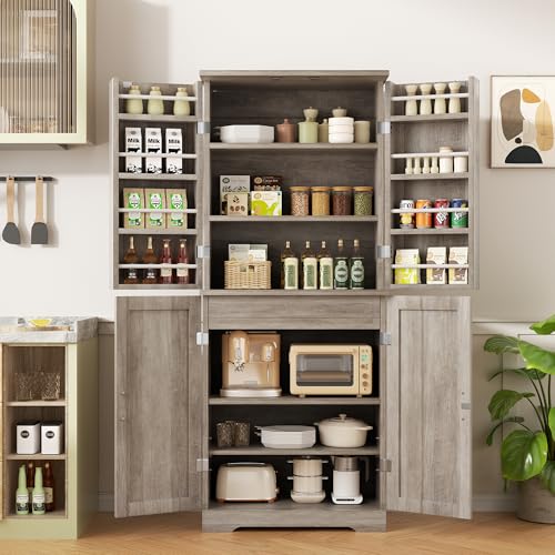 Image of Shintenchi Kitchen Pantry Cabinet, Freestanding Farmhouse Storage Cabinet with 8 Door Shelves, 2 Cabinets and 1 Drawer, Tall Cupboard for Kitchen, Living Room, Dining Room and Bathroom, Ash Gray