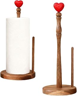 Love Heart Paper Towel Holder Acacia Wood No Drill Kitchen Roll Organizer with Cling Film Dispenser Paper Towel Holder Countertop Storage Rack Farmhouse Home Decor (Brown)