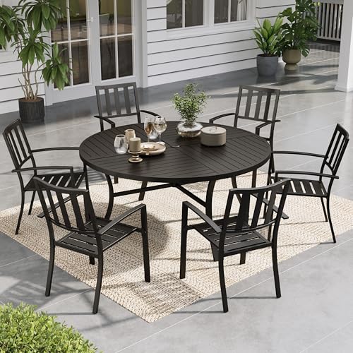 Image of Sophia & William Round Patio Table and Chairs Set, Outdoor Dining Set for 6, 7 Piece Metal Patio Furniture, 54 inch Black Table(Stripe)