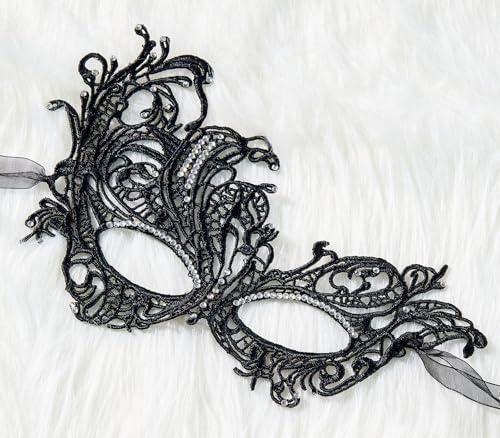MYSEUNI Black Swan Masquerade Mask for Women - Lace Eye Mask - Venetian Masks for Mascarade Ball Halloween Party Mardi Gras Masks Evening Prom Bar