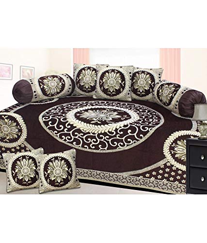Shiv KIRPA Velvet Floral 500 TC Diwan Set – Single Bedsheet with 2 Bolster Covers & 5 Cushion Covers (8pc Set) | Soft, Durable, and Elegant Bedding Set (Large Circular Floral Pattern, Brown)-image-14