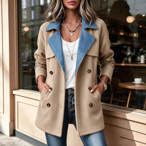 Trench Coat Women Denim Spliced Double Breasted Coat Notched Lapel OverCoat - image 2