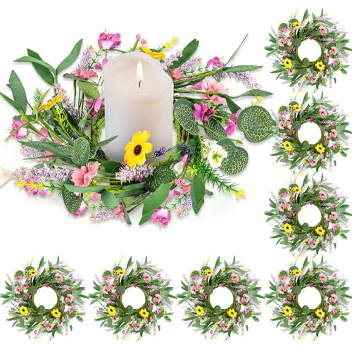Image of 8 Pcs Spring Summer Artificial Flowered Wreath Mini Floral Wedding Candle Rings Wreaths 3inch Kitchen Cabinet Swags Wreath Pillar Candle Holder for Wedding Spring Summer Home Door Tabletop Decoration