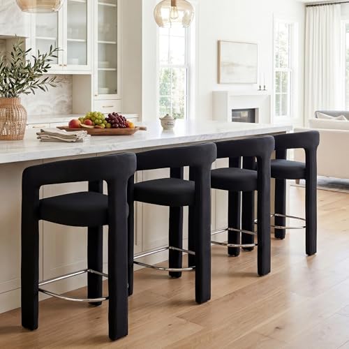 Image of HNY Modern Barrel Bar Stools Set of 4, 26 Inch Upholstered Velvet Counter Height Barstools with Open Back and Armrests, for Kitchen Island, Home Bar, Dining Room, No Assembly, Black