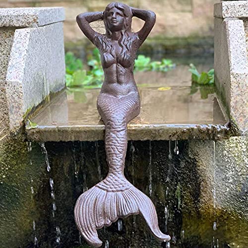 Mermaid Statue, Seated Cast Iron Mermaid Statue Decoration, Retro Mermaid Sculpture With A Stable Base, Used For Outdoor Garden Pond Table Decoration, 17.7" #TOP4