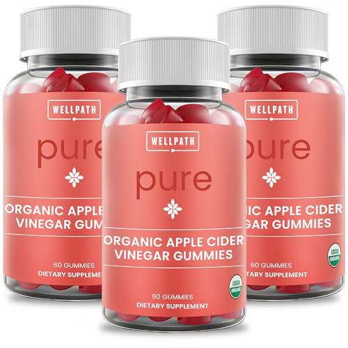 Image of WellPath Organic Apple Cider Vinegar Gummies with The Mother, Vegan, 180 Ct | Pure (3 Pack) USDA Organic ACV with Ginger - Gut Health, Immune Support & Body Cleanse - Apple Flavor - Non-GMO, 90 Servings