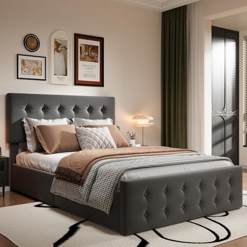 Opiniones de Base para Cama King Size Con Cajones disponible en línea. 41 Base Cama Matrimonial Cabecera,Cabecero de Terciopelo con 4 Cajones,Marco de Cama King Size con Almacenamiento, Base de Listones de Madera Sólida, Diseño con Botones, No Necesita...