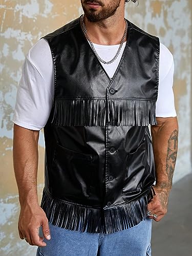Men's Fringe Trim V Neck Sleeveless Button Down Party Vest Jackets