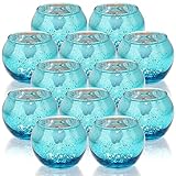 Tebery 12 Pack Round Blue Votive Candle Holders, 2-Inch Glass Tealight Candle Holder for Table Centerpiece, Wedding Decoration, Party, and Home Decor